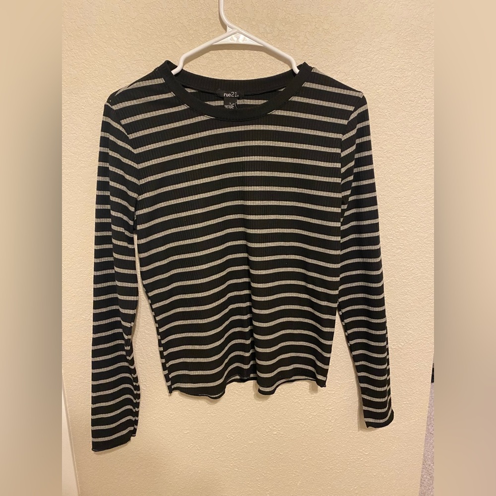 Rue 21- Black and gray striped long sleeve shirt. Size L